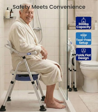 VOCIC Folding Shower Chair for Inside Shower, Lab-Tested 300lbs Heavy Duty Shower Seat for Elderly & Disabled, Flip-Up Arms, Cutout Seat, Height Adjustable Back & Legs, Portable Shower Commode Chair