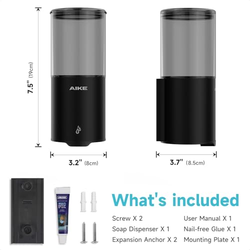 AIKE Automatic Soap Dispenser IPX7 Waterproof 13.5oz Matte Black | No-Drill and Screws for Mounting,Space Saving,Adjustable 5 Levels Precise Dispense for Bathroom,Easy Refill Wide Opening - color: Matte Black Stainless Steel
