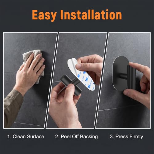 SetSail Adhesive Towel Hooks,Bathroom Black Towel Holder for Wall,4 Packs | Adhesive Hooks Heavy Duty,Coat Hanging No Drill,Stick on Hook,Matte Black Hooks,Oval Shower Towel Holder