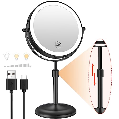7" Lighted Makeup Mirror with Magnification 10X, Height Adjustable,3 Lights | 1X/10X Magnifying Mirror with Light, Stepless Dimming, 360° Swivel, Rechargeable Vanity Mirror for Desk, LED Standing Mirrors - color: Black
