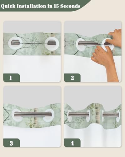 No Hook Woodland Shower Curtain with Snap in Liner, 71x74 Inch | Double Layer Waterproof Bath Curtain with Mesh Top, Soft Green Birch Trees Misty Forest Print for Modern & Farmhouse Bathroom - color: Forest-2