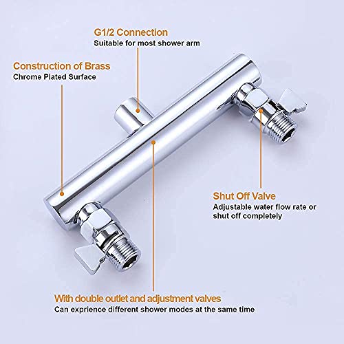 AZOS Double Shower Head with Shut-Off Valve, Bathathroom High Pressure Dual Fixed Rain Shower Head Combo with Brass Dual Outlet Manifold, Adjustable 5 Function Showerhead Chrome - color: Chrome