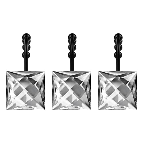Sunlit Luxury Design Square Clear Diamond Crystal Gem Bling with Glide Balls Shower Curtain Hooks, Rust Proof Metal Rhinestones Glam Shower Curtain Rings with Black Hooks, Set of 12 - color: Clear With Black Hooks