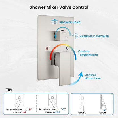 gotonovo Rainfall Bathroom Shower System Rain Shower Head and Handle Set Wall Mounted Shower Complete Combo Solid Brass Pressure Balancing Shower Mixer Valve 16 Inch Brushed Nickel - color: Brushed Nickel, size: 16 Inch