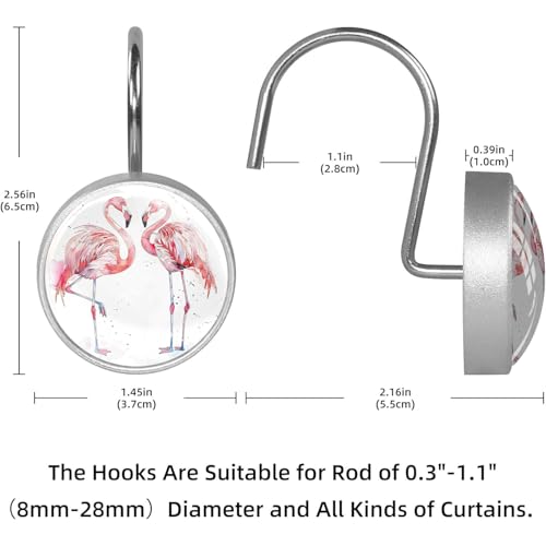 Pink Flamingo Shower Curtain Hooks Set of 12 | Bathroom Decor Rustproof Metal Decorative Shower Hooks Rings for Curtains Rods