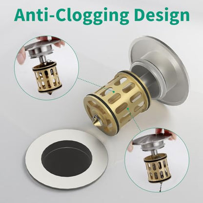 Bathroom Pop up Drain Without Overflow, Brushed Nickel, No Overflow | Anti-Clogging Vessel Sink Drain Strainer, Pop Up Drain with Detachable Basket, Hair Catcher Bathroom Sink Drain Stopper - color: Brushed Nickel, size: No Overflow