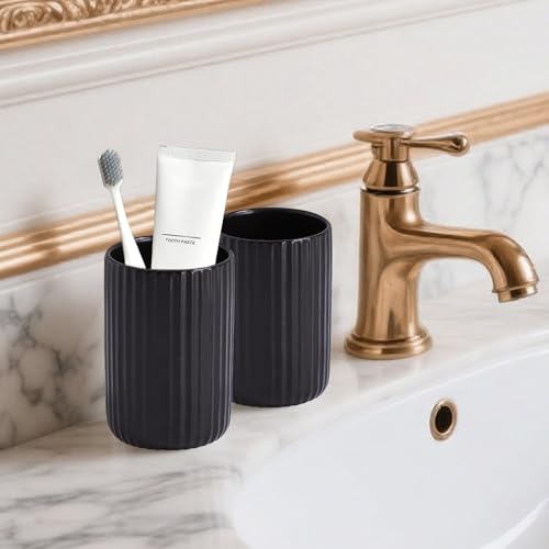Black Toothbrush Holder, Ceramic Tooth Brush Holder Set, Ribbed Bathroom Cups Tumbler, Reusable Toothbrush Mouthwash Cup, Toothpaste Holder Toothbrush Organizer for Bathroom Counter - color: Ribbed-black