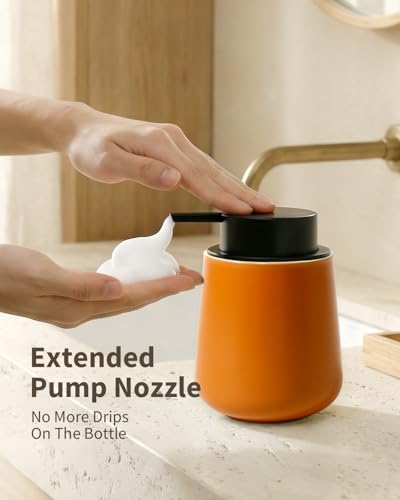 Bosilunlife 12Oz Ceramic Foam Soap Dispenser for Bathroom Kitchen Counter | Premium countertop foam pump creates delicate dense foam, stable desktop placement, Orange - color: Orange