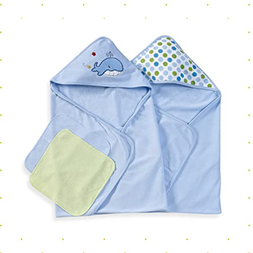 Spasilk Bath Hooded Towels & Washcloths Set for Babies, 2 Hooded Terry Bath Towels & 2 Washcloths, Blue Whale - color: Blue Whale