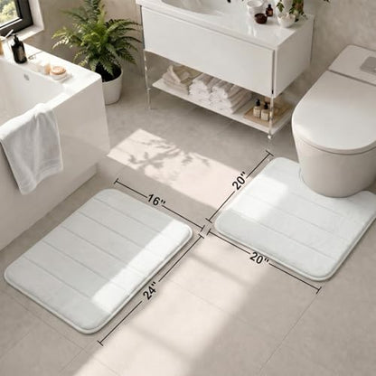 2 Piece Memory Foam Bath Mat Set, Extra Soft Absorbent Bathroom Rugs with U-Shaped Toilet Rug, Non-Slip Backing, Machine Washable, 24x16 + 20x20 U-Shaped, White - color: White
