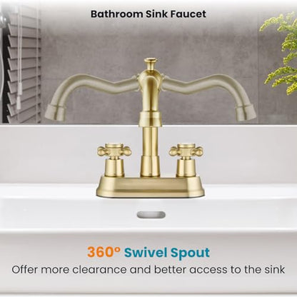 gotonovo 4 Inch Centerset Bathroom Faucet 2 Cross Handles Deck Mount 2 Hole Lavatory Vanity Utility Mixer Tap with Water Supply Hoses and Pop Up Drain RV Farmhouse, Brushed Gold - color: Brushed Gold