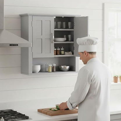 Merax Bathroom Wall Cabinet, Over The Toilet Space Saver Storage Cabinet, Medicine Cabinet with 2 Door and Adjustable Shelves, Cupboard, Grey - color: Grey, style: 2 Doors
