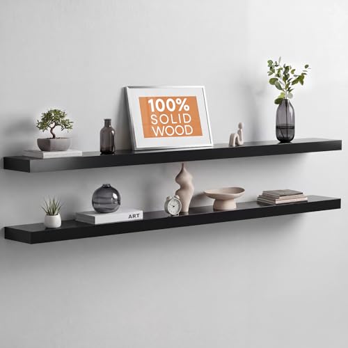Floating Black Shelf 60 inch, High End Solid Real Wood 60 inches Long Floating Shelves for Wall, Black Wooden 60inch Large Floating Shelves, Heavy Duty Bracket, 60 X 6.5 X 1.75 in, Set of 2 - color: Modern Black - Rich Neutral Satin, size: 60 inch