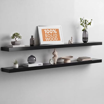 Floating Black Shelf 60 inch, High End Solid Real Wood 60 inches Long Floating Shelves for Wall, Black Wooden 60inch Large Floating Shelves, Heavy Duty Bracket, 60 X 6.5 X 1.75 in, Set of 2 - color: Modern Black - Rich Neutral Satin, size: 60 inch