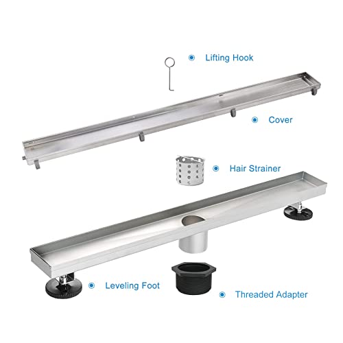24"Linear Shower Drain Brushed Silver Drain with Tile Insert Grate | AISI 304 Stainless Steel Fast Drainage Rectangle Hidden Shower Trench,Detachable Hair Catcher Easy to install,Leveling Feet - color: Stainless Steel, size: 24 Inch (No Base)