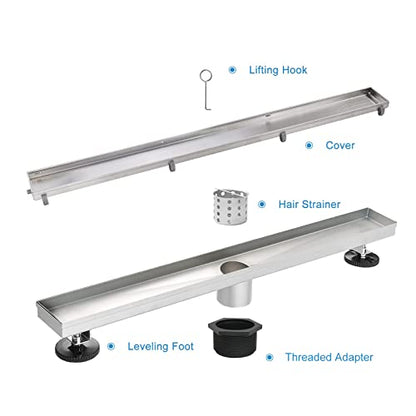 24"Linear Shower Drain Brushed Silver Drain with Tile Insert Grate | AISI 304 Stainless Steel Fast Drainage Rectangle Hidden Shower Trench,Detachable Hair Catcher Easy to install,Leveling Feet - color: Stainless Steel, size: 24 Inch (No Base)