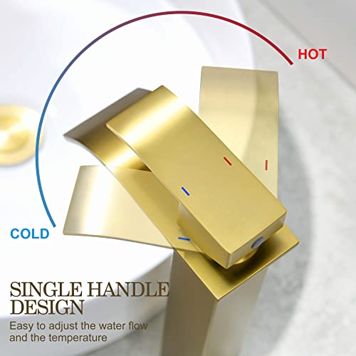 Gold Vessel Sink Faucet, Single Hole Waterfall Tall Bathroom Vanity Faucet | Brushed Gold Vessel Sink Faucet, YardMonet Single Handle Bathroom Faucet with Drain Assembly and Hose, Stainless Steel - size: Tall