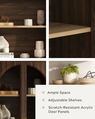 Wall Medicine Cabinet with Arched Acrylic Door, Large Modern Wall Mounted Bathroom Storage with Adjustable Shelf, Wooden Floating Over Toliet Cabinet for Bathroom, Living Room, Brown - color: Brown