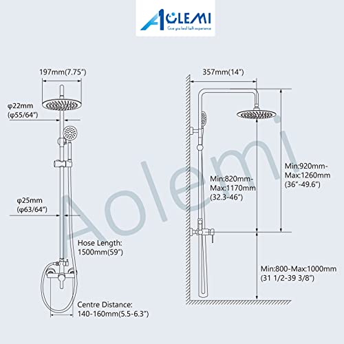 Aolemi Outdoor Shower Kit SUS304 with Round Handheld Brushed Nickel | 2 Function,8 Inch Head,Round Handheld Spray,Adjustable Height,Outside Exposed Shower Fixture,Single Handle,Wall Mount - color: Nickel