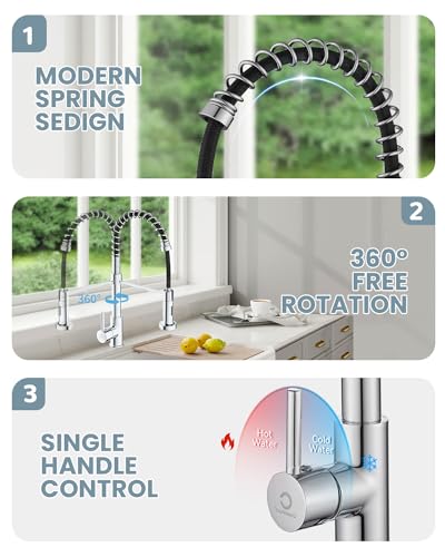 Kitchen Faucet, Commercial Kitchen Sink Faucets with Pull Down Sprayer, Stainless Steel Faucets for Kitchen Sinks, Dual Function Spray Head, Single Handle Spring Kitchen Faucets -Chrome Finish - color: E-Chrome Polished, style: Classic