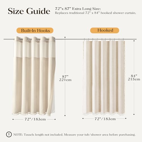72x87 Ringless Boho Stripe Tassel Shower Curtain with Snap Liner Cream | Extra Long Size, Heavy Duty Linen Blend, 3 in 1 Shower Curtain Set, Farmhouse Style, Waterproof & Washable, Mesh Top Window - color: A - Cream, size: 72"W x 87"L (Pack of 1)