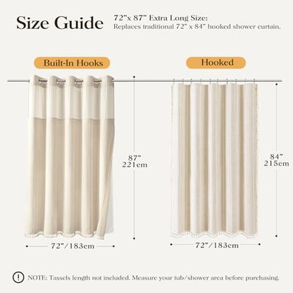 72x87 Ringless Boho Stripe Tassel Shower Curtain with Snap Liner Cream | Extra Long Size, Heavy Duty Linen Blend, 3 in 1 Shower Curtain Set, Farmhouse Style, Waterproof & Washable, Mesh Top Window - color: A - Cream, size: 72"W x 87"L (Pack of 1)