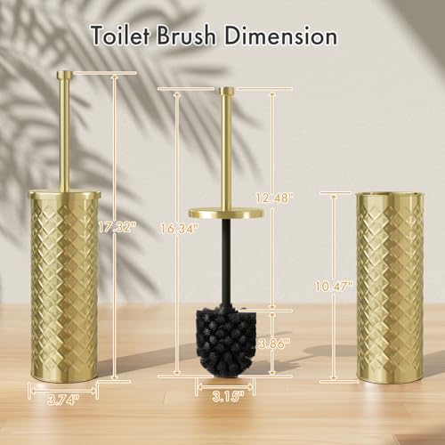 Toilet Bowl Brush and Holder Set 3 Pack with 6 Extra Brush Heads (Gold) | Extra Long Handle with Splash Guard Cover, Tool-Free Installation, Bathroom Space-Saving, Cleaner Sets for Apartments, RV - color: Gold