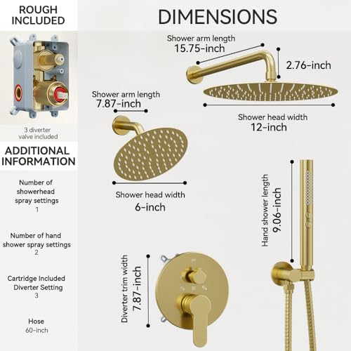 Shower Systems STARBATH 12+6" Round Dual Rainfall Shower Head with Handheld Spray for Two People, Wall Mounted 3 Way Rain Shower Faucet Sets Complete, Included Valve and Trim Kit, Brushed Gold - color: Brushed Gold, size: 6+12 inch-05