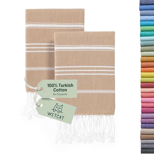WETCAT Turkish Hand Towels with Hanging Loop, Set of 2 (20" x 30") 100% Turkish Cotton, Pre-Washed, Quick Drying, for Kitchen or Bathroom - Tawny Brown - color: Tawny Brown