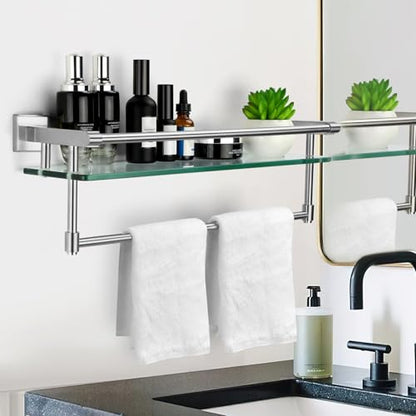 Glass Bathroom Shelf with Towel Bar, Stainless Steel Tempered Towel bar/Track Glass Bathroom Shelves Wall Mount Over The Toilet (Brushed Nickel, 20-inch) - color: Brushed Nickel, size: 20-inch with Railing