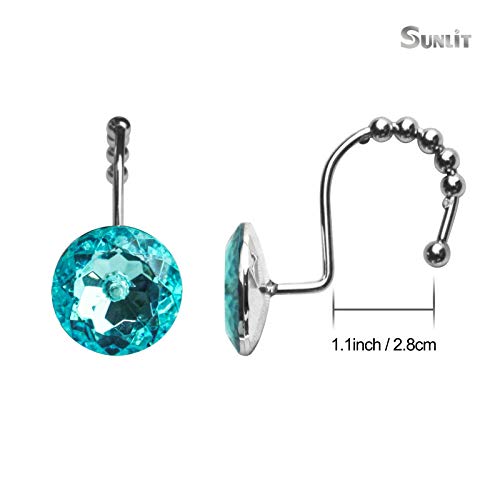 Sunlit Luxury Design Round Teal Blue Diamond Crystal Gem Bling with Glide Balls Shower Curtain Hooks for Mermaid Shower Curtains, Rust Proof Metal Rhinestones Glam Shower Curtain Rings-12 Pack - color: Teal