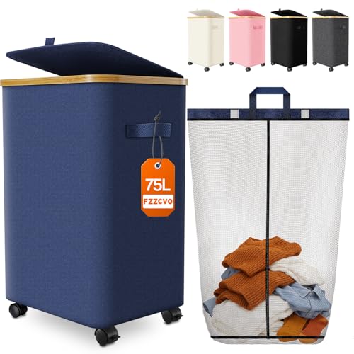 Laundry Hamper with Wheels, 75L Large Clothes Hamper with Removable Inner Bag, Collapsible Dirty Clothes Basket for Dorm, Rolling Dirty Clothes Basket for, Bedroom, Bathroom, Laundry Room - color: Blue, size: 75L