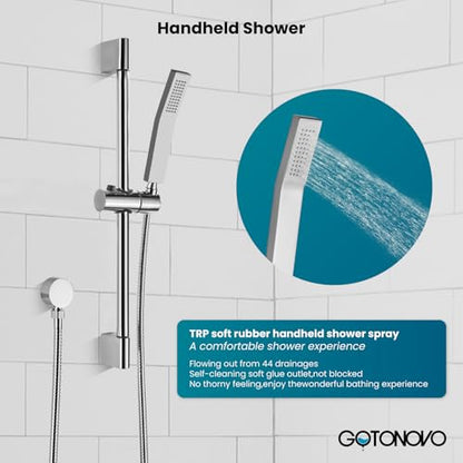 gotonovo 12 Inch Bathroom Shower Faucet Set with Slide Bar Polished Chrome | SUS304 Rainfall Shower Head with Handheld Sprayer Combo,Rough-in Valve Trim Kit Complete,Adjustable Handheld Height,All Metal - color: Chrome