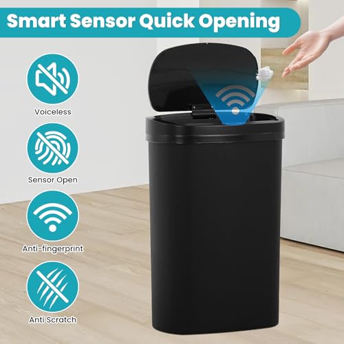 13 Gallon Automatic Kitchen Trash Can with Lid, Touchless Motion Sensor Garbage Can - Hygienic, Odor Control, Waterproof Waste Bin for Kitchen Bathroom Bedroom Office (50L), PP Plastic, Black - color: Black