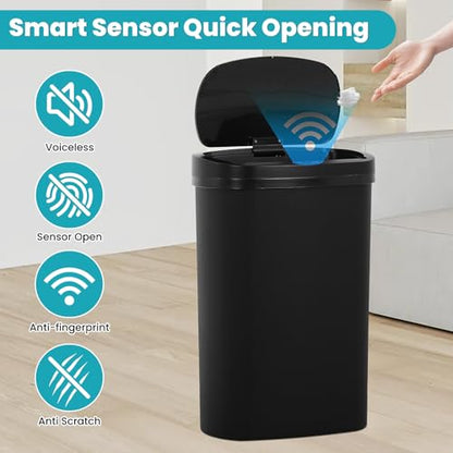 13 Gallon Automatic Kitchen Trash Can with Lid, Touchless Motion Sensor Garbage Can - Hygienic, Odor Control, Waterproof Waste Bin for Kitchen Bathroom Bedroom Office (50L), PP Plastic, Black - color: Black