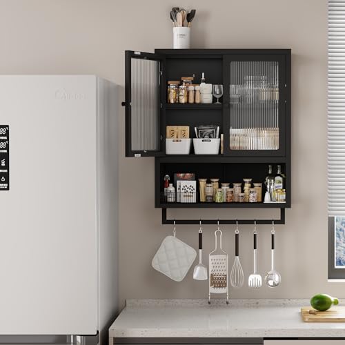 Bathroom Wall Cabinet, Over The Toilet Space Saver Storage Cabinet, Medicine Cabinet with 2 Glass Door and Towel Bar, Metal Wall Mounted Cabinet for Bathroom Laundry Room Kitchen - color: Upgraded Black
