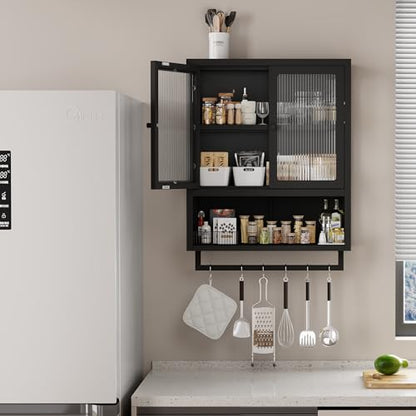 Bathroom Wall Cabinet, Over The Toilet Space Saver Storage Cabinet, Medicine Cabinet with 2 Glass Door and Towel Bar, Metal Wall Mounted Cabinet for Bathroom Laundry Room Kitchen - color: Upgraded Black