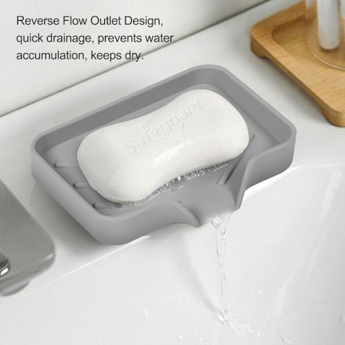Silicone Soap Dish with Drain Holes, Quick-Dry Soap Holder for Kitchen & Bathroom Sink, Self Draining Kitchen Sponge Tray, Keeps Counter Dry, Easy Clean Soap Saver (Gray, 4.7" x 3.9")