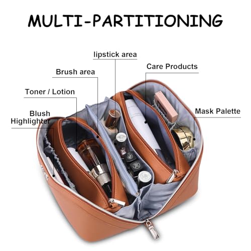 BOYATU Travel Makeup Bag Organizer Cosmetic Bag: 3 Pcs Set Make up Bags for Women with Handle - Waterproof Vegan Leather Toiletry Bags Travel Essentials Pouch with Compartments (C-02-Brown) - color: 04-B-Brown