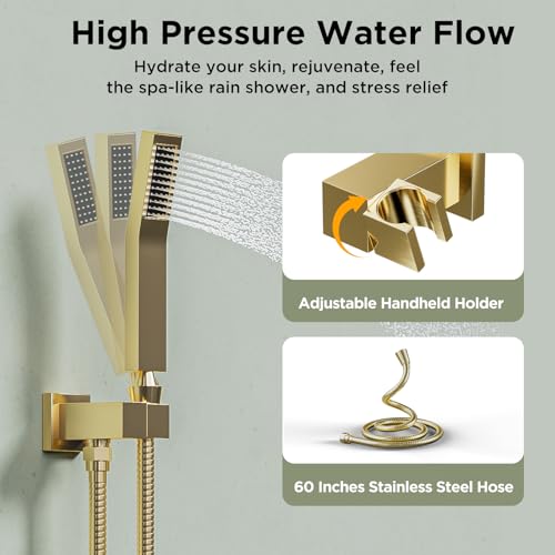 Shower Systems with 4 Body Spray Jets, STARBATH 4 Way 12+6" Rainfall Shower Head with Handheld Combo, Ceiling Mounted Shower Jets System in Wall Shower Faucet Sets Complete,Brushed Gold - color: Gold, size: 6"+12"-01