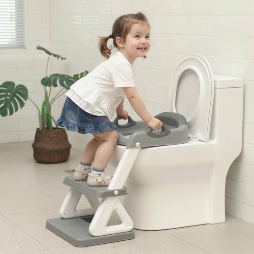 Potty Training Toilet Seat with Step Stool Ladder for Boys and Girls, 2 in 1 Potty Training Toilet, Splash Guard Anti-Slip Pad Step Stool（Gray-White) Pedal Upgrade - color: Gray-white