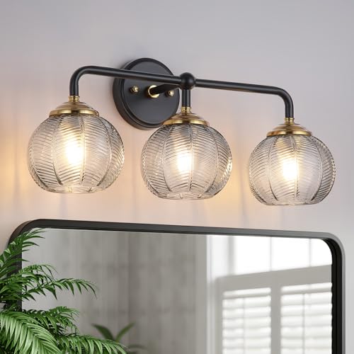 Mecgirn Bathroom Vanity Light Fixtures, 3-Light Smoky Gray Glass Shade, Modern Black and Gold Wall Sconce, Unique Textured Leaf Pattern, Ceramic E26 Sockets Wall Mounted for Mirror, Cabinet, Hallway - color: Black and Gold, size: 3 Light