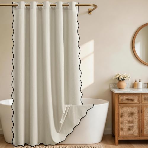 Furlinic No Hook Linen Shower Curtain Waterproof Beige Boho Scalloped 72x84 | 84 Inch Long Decorative Art Deco Fabric Modern Farmhouse Neutral Rustic Elegant Washable Cloth Built-In Rings & Black Border - color: Beige Cream, size: 72"W x 84"L (Pack of 1)