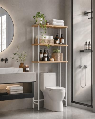 LiSHELF Bamboo Over The Toilet Storage Shelf 3-Tier Bathroom Organizer Rack Freestanding Above Toilet Shelves Space Saver for Small Bathroom, Laundry, White