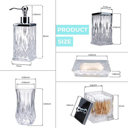 Clear Bathroom Accessories, Square Thick Glass & Metal Pump | Beautiful & weight, 5 pcs soap dispenser, toothbrush holder, soap dish, tumbler & jar, for mission/amish style - style: Square(Clear)