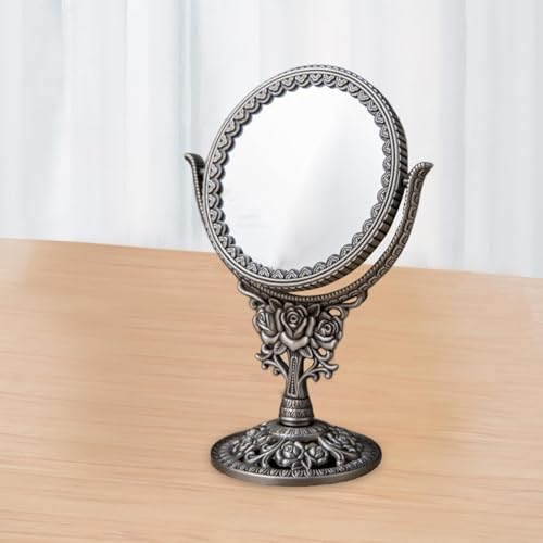 European Style Dressing Table Mirror Antique Rotating Cosmetic Mirror Oval Dressing Mirror Swivel Double Sided for Bedroom, round rose