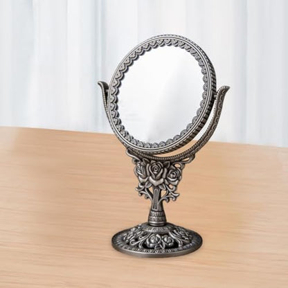 European Style Dressing Table Mirror Antique Rotating Cosmetic Mirror Oval Dressing Mirror Swivel Double Sided for Bedroom, round rose