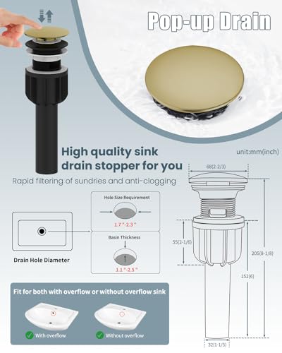 Bathroom Faucet, Brushed Gold Bathroom Sink Faucets & Parts(Pop-up Drain+6" Escutcheon Plate+Supply Hoses), Vanity Faucet for Vessel Sink, llaves para lavamanos de baño - color: 5.Brushed Gold(New), style: Short
