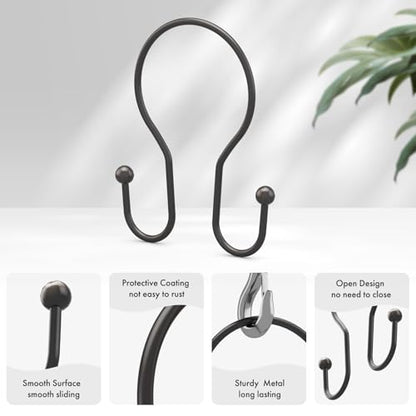 AmazerBath Bronze Shower Curtain Hooks Shower Curtain Rings, Simple Double Hook Shower Curtain Hooks Rust Proof, Metal Smooth Glide Shower Hooks for Shower Curtain Rod, 12 Pcs Shower Rod Hooks - color: Bronze, style: Minimalist - Double Shower Hooks