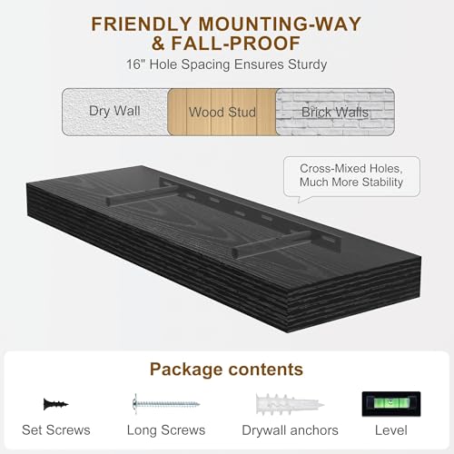 Fun Memories 60 Inch Fireplace Mantel - Long Floating Shelf, Wall Mounted Farmhouse Display with Invisible Heavy Duty Metal Bracket, Balck, 2 Pack - color: Black, size: 60"W x 6.5"D